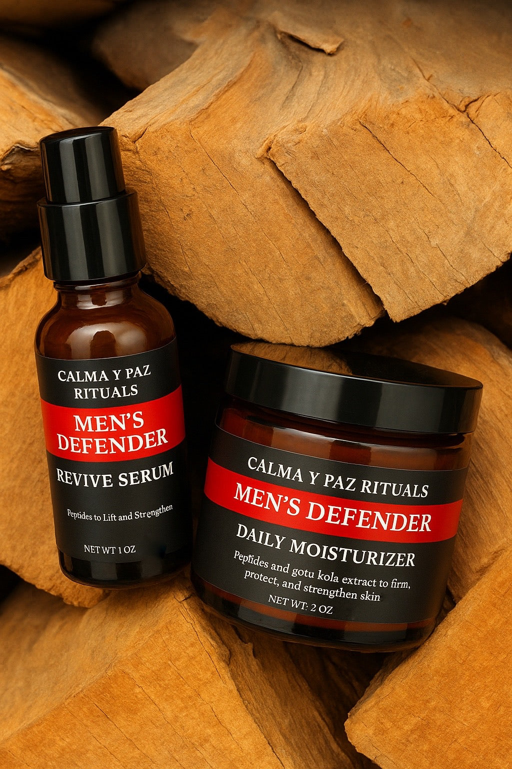 Calma y paz rituals, men's defender duo collection, revive serum, daily moisturizer